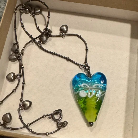 Artisan glass heart necklace sterling silver chain unique Valentine’s Day gift - Picture 1 of 8